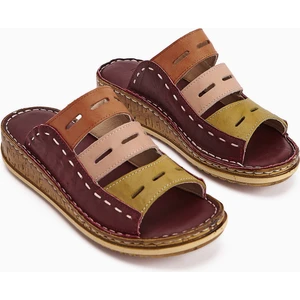 Hakiki Deri Joelle Bordo Yeşil Pudra Portakal Comfort Lazer Kesim Terlik