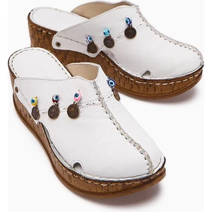 Hakiki Deri Annika Beyaz Antik Detaylı Dolgu Sabo Terlik