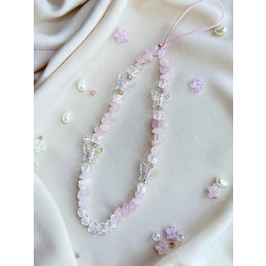 Miraz Tasarım Pembe Kuvars Doğal Taşlı Kelebek/küp Boncuklu Telefon Charmı Telefon Ipi