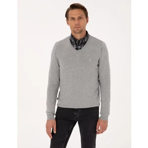 Pierre Cardin Erkek Açık Gri Melanj Slim Fit V Yaka Basic Triko Kazak 50314190-VR091