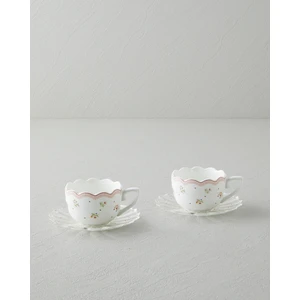 English Home Daisy Days New Bone China 4 Parça 2 Kişilik Cam Tabaklı Kahve Fincan Takımı 80 ml Pembe - Yeşil