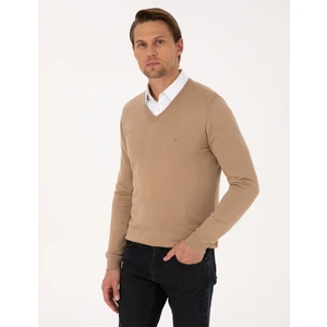 Pierre Cardin Erkek Camel Slim Fit V Yaka Basic Triko Kazak 50314190-VR015