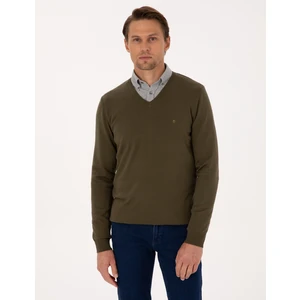 Pierre Cardin Erkek Koyu Haki Slim Fit V Yaka Basic Triko Kazak 50314190-VR111