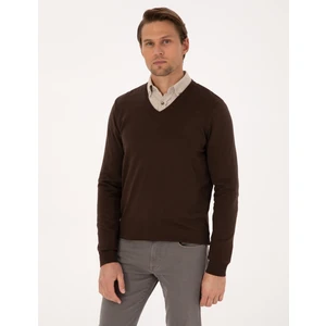 Pierre Cardin Erkek Kahverengi Slim Fit V Yaka Basic Triko Kazak 50314190-VR029