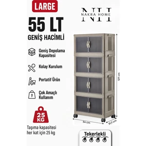 Nakra Home Katlanabilir 4 Katlı Tekerlekli Plastik Dolap – Çok Amaçlı Portatif Organizer (Geniş Hacim) “Toprak”