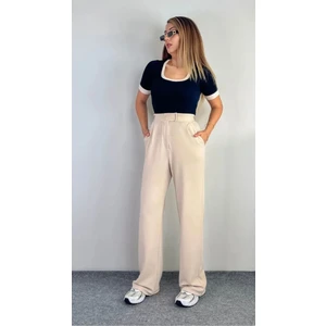 Kadın Likralı Cırt Kapama Bej Geniş Paçalı Rahat Palazzo Pantolon
