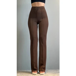 Krep Kumaş Likralı Önü Çimalı Kahverengi Kadın Palazzo Pantolon
