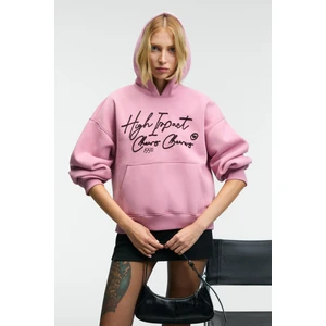 KIKRES Kadın Kapüşonlu Nakış Detaylı Oversize Koyu Pembe Sweatshirt