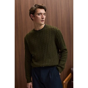 VINTLACE Erkek Yuvarlak Yaka Saç Örgü Desenli Regular Fit Triko Haki Kazak