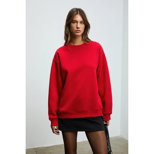KARIUS Kadın Organik Pamuklu İçi Polarlı Oversize Yuvarlak Yakalı Kırmızı Sweatshirt