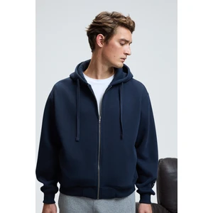 ASHBY Erkek Kapüşonlu Fermuarlı Cepli Kordonlu Regular Fit Lacivert Sweatshirt