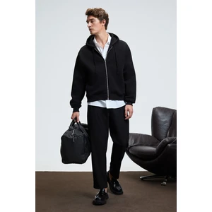 ASHBY Erkek Kapüşonlu Fermuarlı Cepli Kordonlu Regular Fit Siyah Sweatshirt