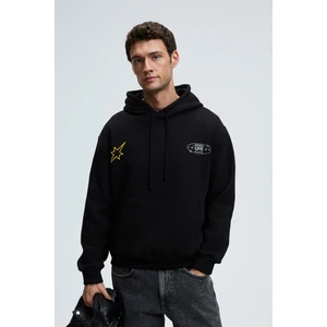 PASCAL Erkek Kapüşonlu Kanguru Cepli Önü Ve Sırtı Baskılı Regular Fit Siyah Sweatshirt