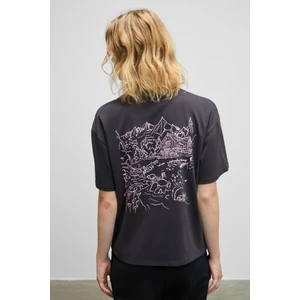 FINA Kadın Sırt Baskı Detaylı Regular Fit Bisiklet Yakalı %100 Organik Pamuklu Antrasit T-Shirt