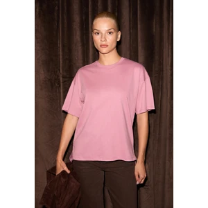 Jemmy Kadın %100 Organik Pamuk Relaxed Fit Yırtmaçlı Yuvarlak Yakalı Gül Kurusu T-Shirt