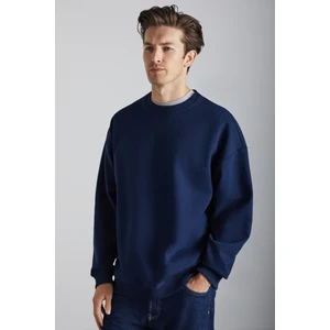 Stephan Erkek Yumuşacık Kumaşlı organik Pamuklu Oversize Fit Yuvarlak Yakalı Lacivert Sweatshirt
