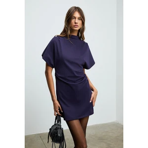 MAXINE Kadın Omuz Ve Bel Kısımlarında Pile Detaylı Dik Yaka Fermuarlı Kısa Kollu Mini Mor Elbise