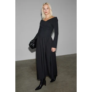 FRUENDO Kadın Asimetrik Yakalı Üstü Esnek Kumaşlı Eteği Poplin Uzun Siyah Elbise
