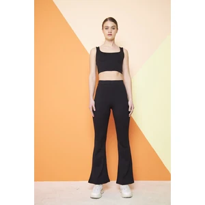 Siyah Yüksek Bel Fitilli Ispanyol Paça Interlok Örme Kadın Tayt