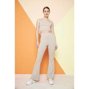 Bej Yüksek Bel Fitilli Ispanyol Paça Interlok Örme Kadın Tayt