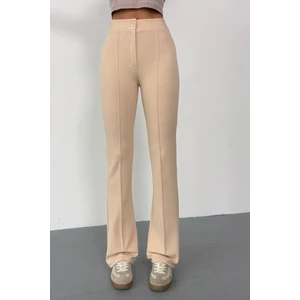 Krep Kumaş Likralı Önü Çimalı Bej Kadın Palazzo Pantolon