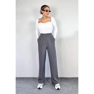 Kadın Likralı Cırt Kapama Gri Geniş Paçalı Rahat Palazzo Pantolon