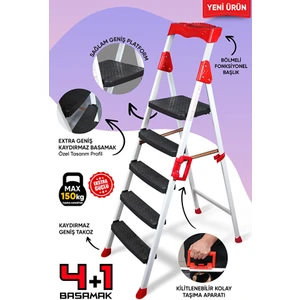Elegance 4+1 Geniş Basamaklı Kolay Taşıma Aparatlı Merdiven Kaliteli Paslanmaz