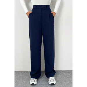 Kadın Likralı Cırt Kapama Lacivert Geniş Paçalı Rahat Palazzo Pantolon