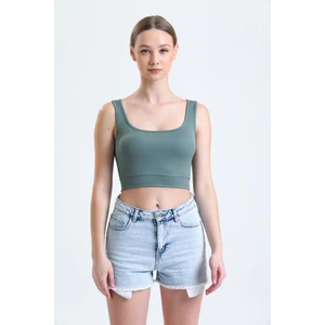 Yeşil Fitilli Kare Yaka Esnek Örme Crop Büstiyer Atlet