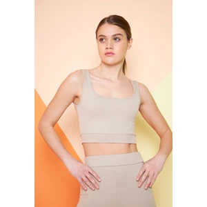 Bej Fitilli Kare Yaka Esnek Örme Crop Büstiyer Atlet