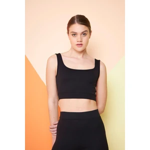 Siyah Fitilli Kare Yaka Esnek Örme Crop Büstiyer Atlet