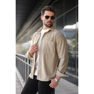Bej Düğmeli Kadife Erkek Gömlek E6766