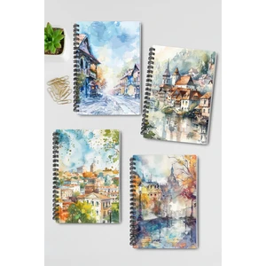 Qoeuyl Boutique Vintage Sonbahar Şehir Temalı Tasarım Tel Spiralli 4'lü Hatıra, Günlük, Ajanda, Okul Defter Seti