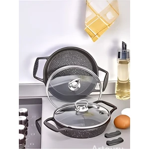 Şık Granit Döküm Sahan Seti (18 cm ve 20 Cm) – Cam Kapaklı