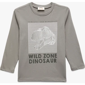 Pamuklu Uzun Kollu Bisiklet Yaka Dinozor Baskılı Tişört