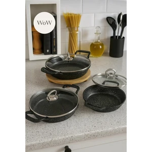 Granit Döküm 6'lı Sahan Seti – Cam Kapaklı Siyah (18, 20, 22 Cm)