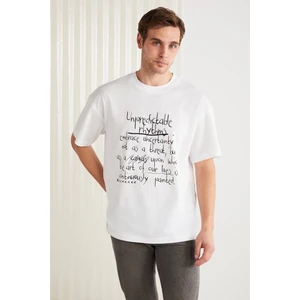 MARIONA Erkek %100 Pamuk Önü Baskılı Kısa Kollu Bisiklet Yaka Oversize Beyaz T-Shirt