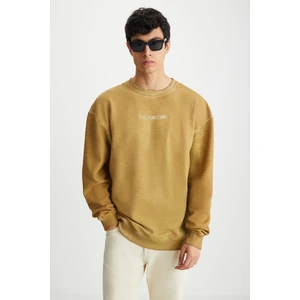 BLANDON Erkek Bisiklet Yaka İçi Polarlı Baskı Detaylı Yıkamalı Bej Sweatshirt