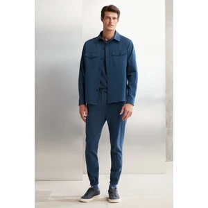 Jakob Erkek Dokuma Yıkamalı 4 Cepli Kalın Dokulu Paçası Lastikli Mavi Pantolon