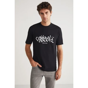 ANSU Erkek Bisiklet Yaka %100 Pamuk Parlak Baskı Detaylı Siyah T-Shirt