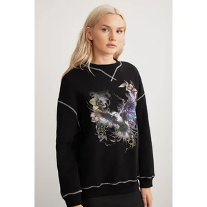 Lorna Bisiklet Yakalı Baskılı Kontrast Dikişli Şardonlu Siyah Sweatshirt