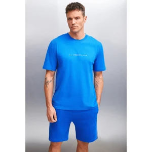 KINGSLEY Erkek %100 Pamuk Baskılı Kısa Kollu Regular Fit Saks Mavi T-Shirt