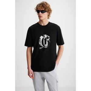 ELIJAH Baskılı Bisiklet Yaka %100 Pamuk Siyah T-Shirt