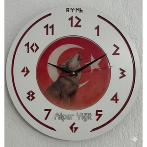 Kişiye Özel Isimli Bozkurt ve Türk Bayraklı Epoksi Saat | Göktürkçe Rakamlı | Milli Tasarım | 35 cm