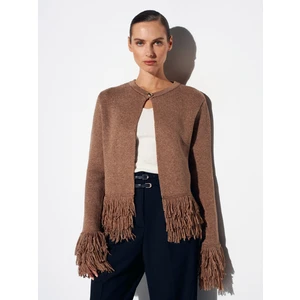 60993 Kolu Püsküllü Triko Hırka-Vizon