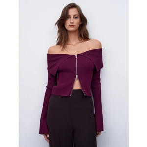 60252 Fermuarlı Fitilli Triko Top-Bordo