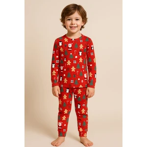Çocuk Yılbaşı Temalı Pijama Takımı Kırmızı