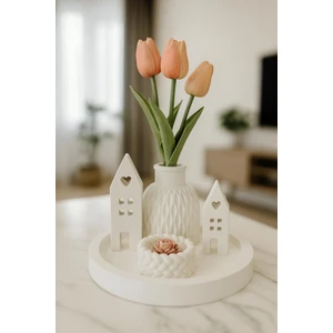 Atölye Beyaz Beyaz Evler Dekor Seti –çiçek Mumluk & Taş Tozu Mini Köy & Vazo Aranjmanı
