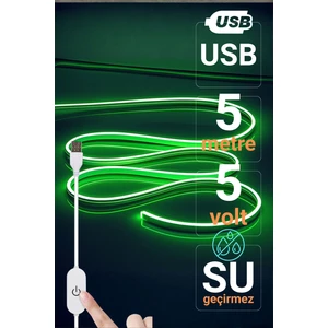 Ema Dükkan 5V USB Neon LED Şerit 5 Metre Yeşil | Silikonlu Su Geçirmez Esnek Aydınlatma
