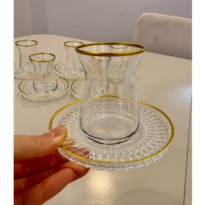 Berina Home 12 Parça Altın Yaldızlı Lüks Çay Seti – Şık Tasarım Cam Çay Bardakları ve Tabağı Seti